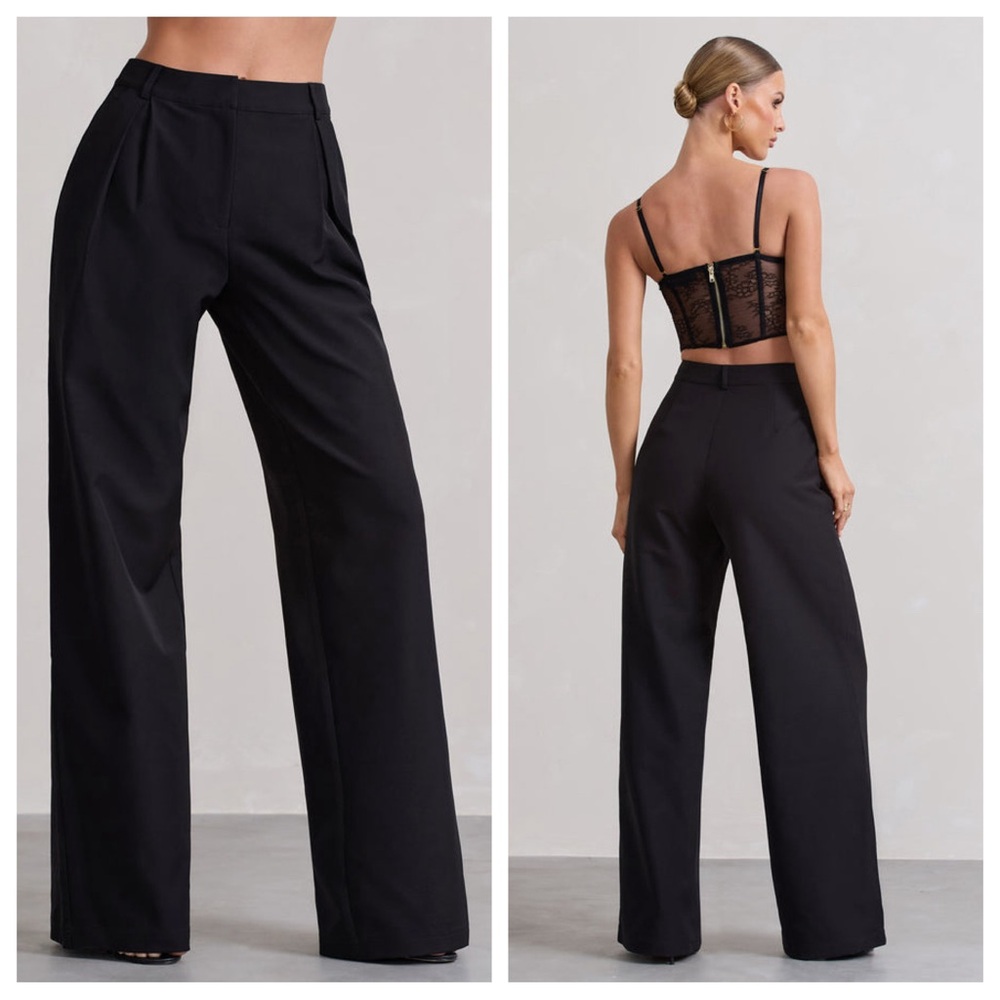 Club L London NWT Raina Black High Waist Pleated Wide-Leg Trousers Pants Black